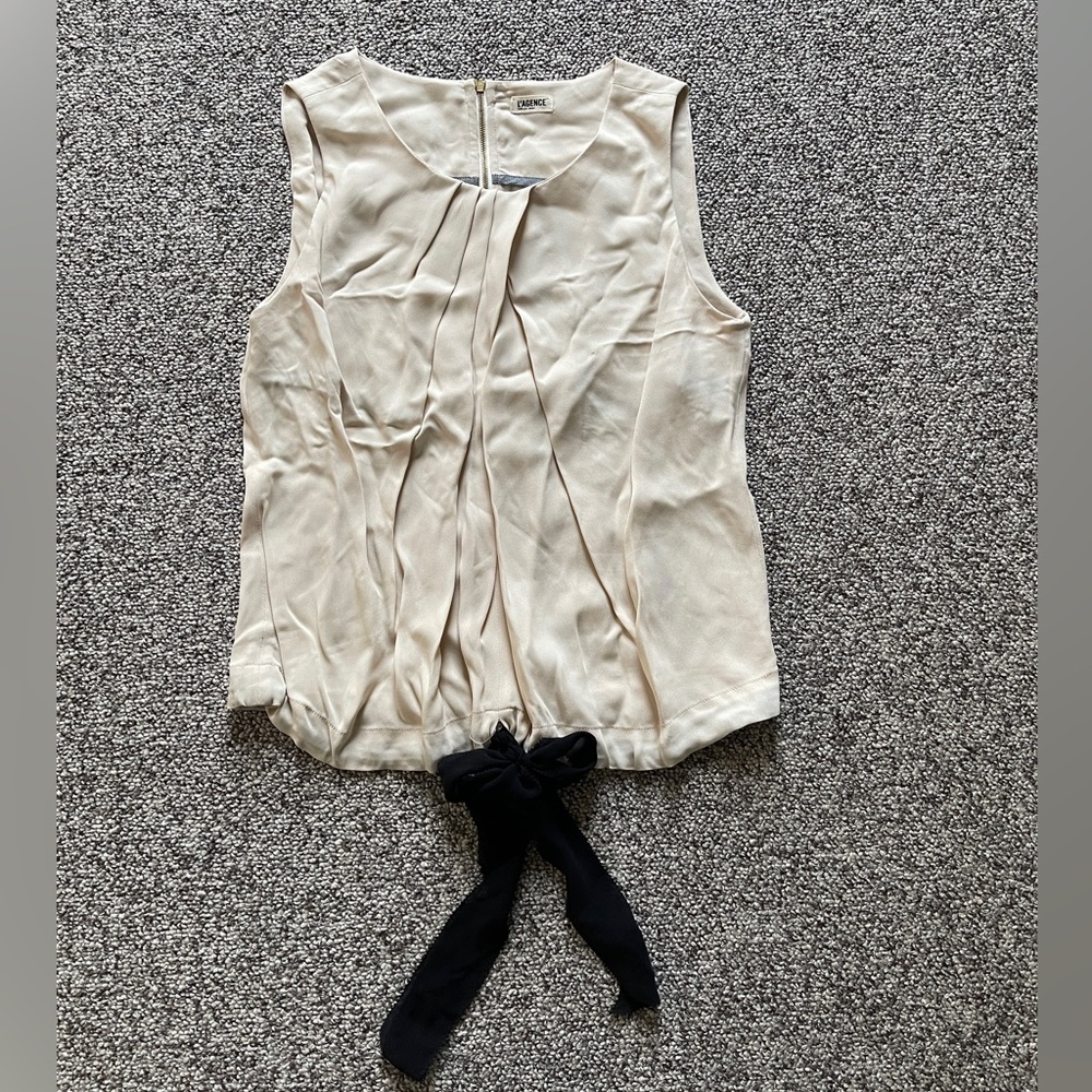 L'Agence Pleated Cream Black Silk Bow Sleeveless Blouse Top Sz 4